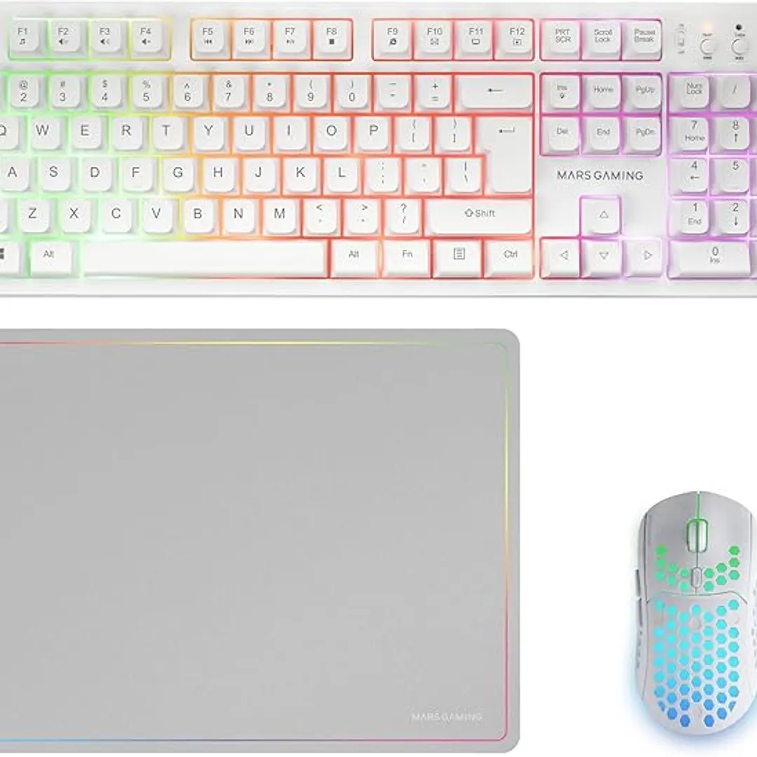 Mars Gaming MCPWX Combo Pack Gaming 3en1 - Teclado Hibrido H-Mech - Disposicion Internacional QWERTY US - Raton 3200dpi - Switches HUANO - Color Blanc 1
