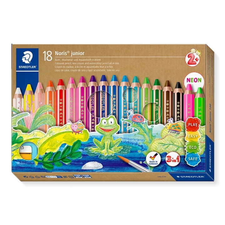 Staedtler Noris Junior Pack de 18 Lapices de Colores Extragruesos + Sacapuntas + Pincel - 3 en 1, Lapiz, Cera y Acuarelable - Colores Surtidos 1