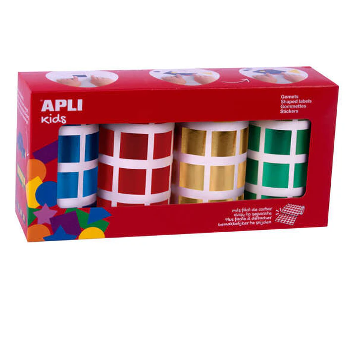 Apli Gomets Cuadrados Metalizados - Tamaño 20mm - Adhesivo Permanente - 4 Rollos con 5.640 Gomets en Colores Surtidos 1