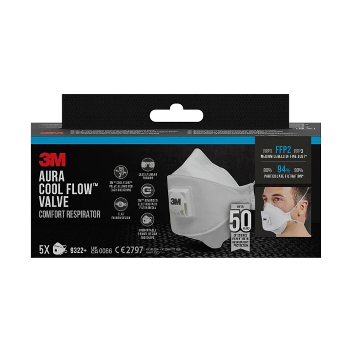 3M Aura Comfort Cool Flow Pack de 5 Mascarillas para Particulas FFP2 - Desechable - con Valvula - para Niveles Medios de Particulas - Color Blanco 1