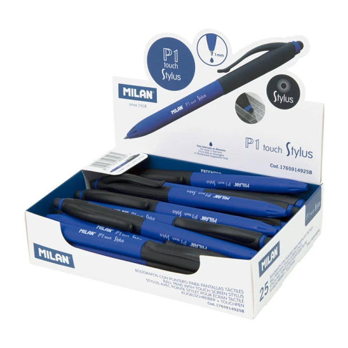 Milan P1 Stylus Expositor con 25 Boligrafos de Bola Retractiles - Tinta Azul - Punta Redonda 1mm - Color Azul 1