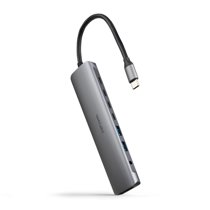 Nanocable HUB USB-C 8 en 1 - Conversor USB-C 3.1 a 2 x USB-A 3.0 + 3 x USB-C 3.0 + USB-C PD 100W + HDMI 4K@60Hz + Audio Jack 3.5 - Aluminio - 18cm - C 1