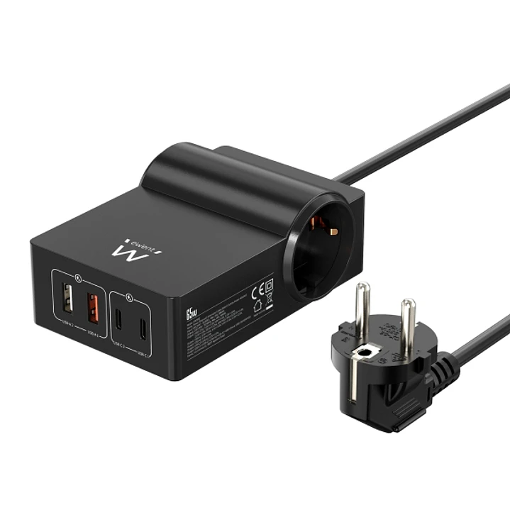Ewent Cargador USB con 2 Tomas de Corriente Tipo Schuko 16A - 65W GaN - 2x USB-A - 2x USB-C - Cable de 1.5m - Proteccion Infantil - Proteccion contra  1