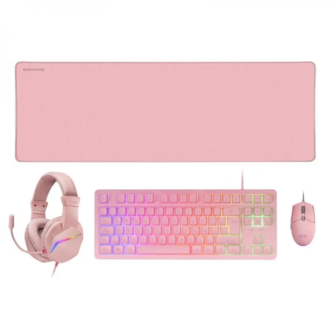 Mars Gaming MCP-RGB3 Combo Gaming 4en1 - Teclado TKL H-Mech RED - Raton RGB 3200 DPI - Auriculares FRGB - Alfombrilla XXL Antideslizante - Color Rosa 1