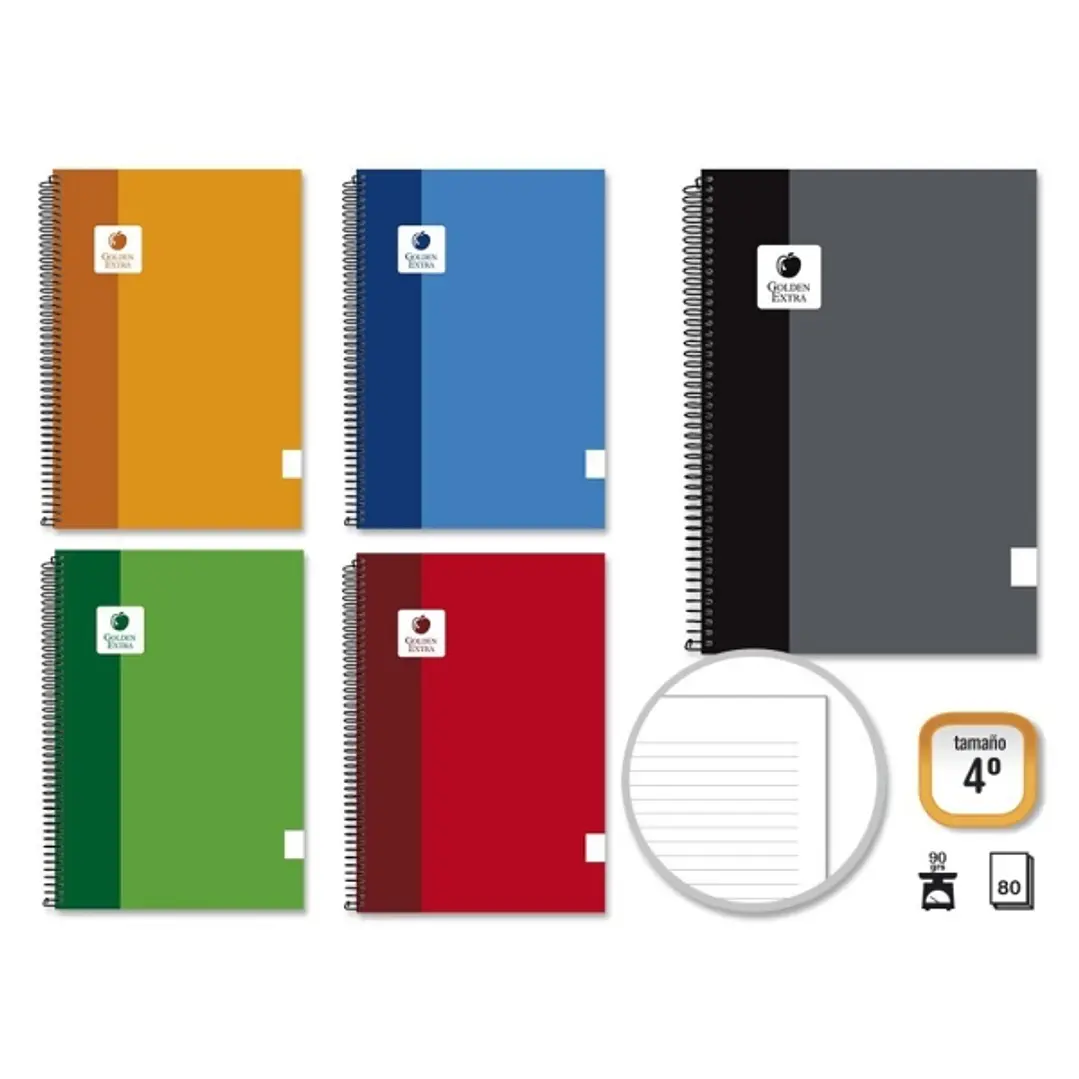 Golden Extra Cuaderno Espiral 4º 80 Hojas 90grs 1 Raya - Margen Remarcado - Tapa Forrada - Colores Surtidos 1