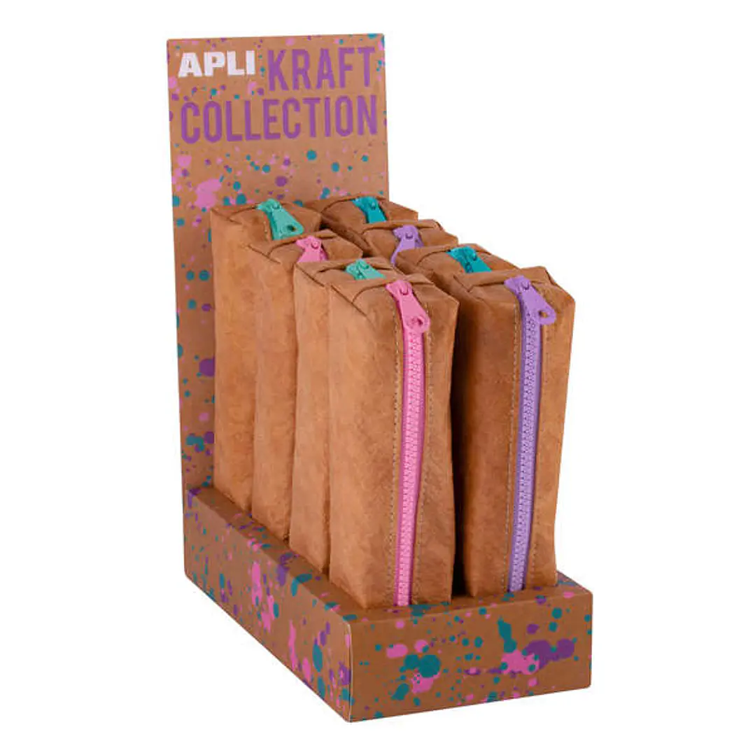 Apli Kraft Collection - Expositor Compacto de 8 Estuches - Estuches de 50x50x210mm - Textura Kraft y Cremallera de Colores Pastel - Flexibles y Resist 1