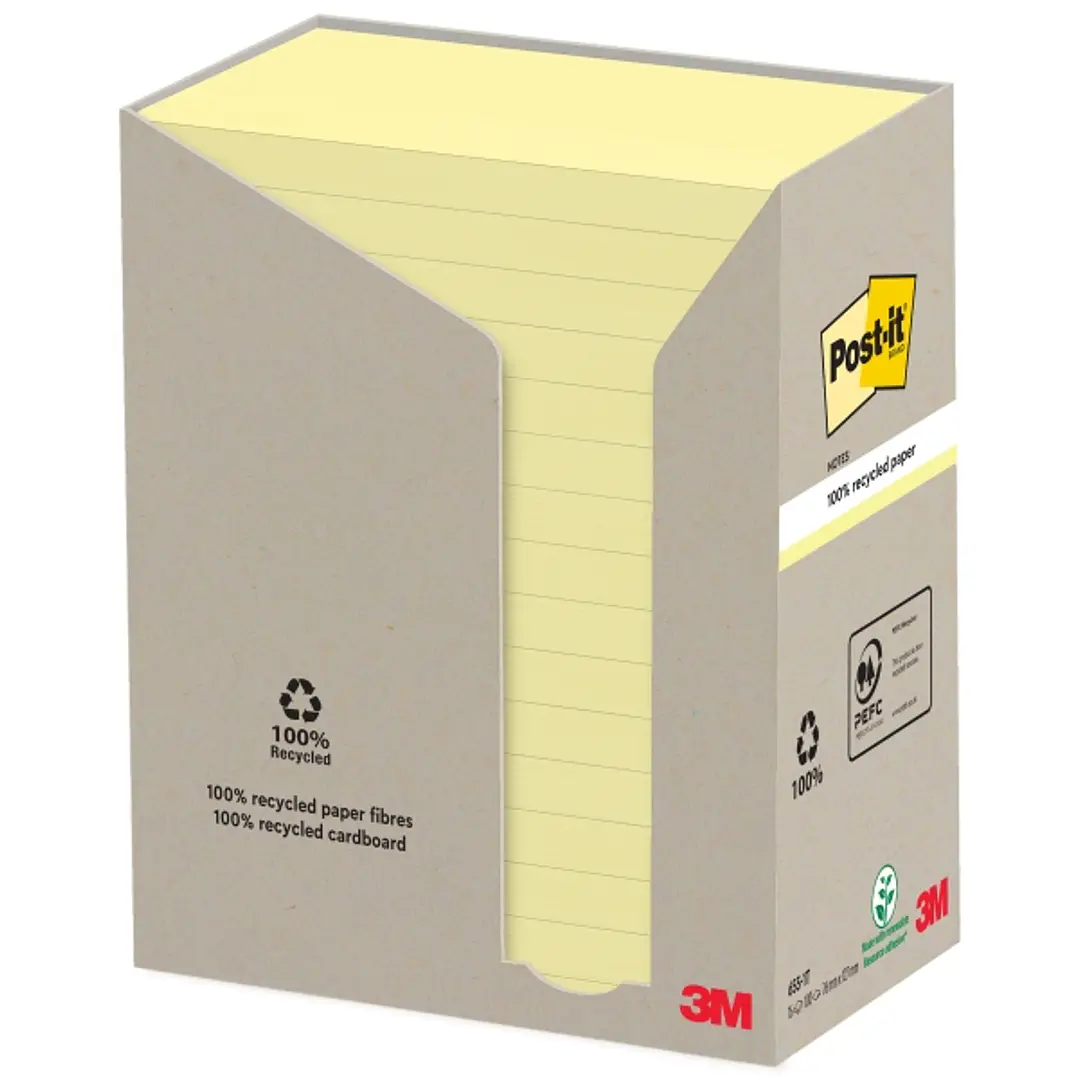 Post-It Pack de 16 Blocs de 100 Notas Adhesivas Recicladas - Forma Rectangular - 76x127mm - Color Amarillo Claro 1