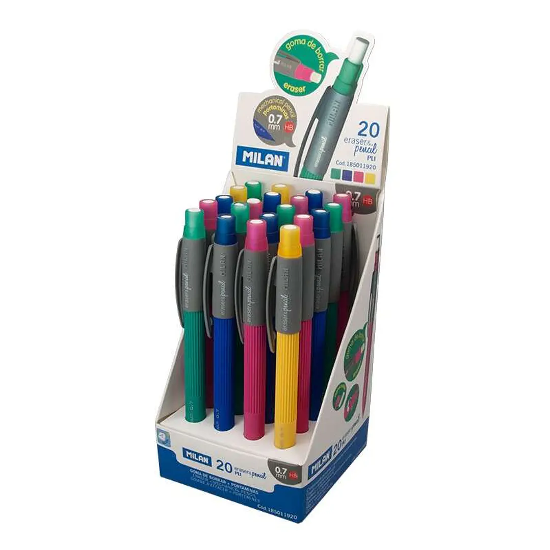 Milan PL1 Expositor de 20 Portaminas - Mina 0.7mm HB Grafito - Goma Milan Extra Larga - Colores Surtidos 1