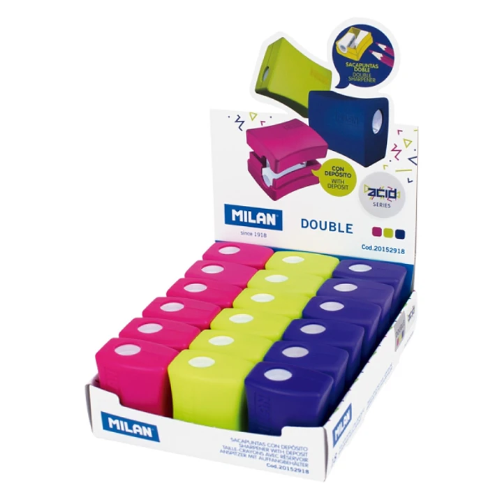 Milan Double Acid Expositor con 18 Sacapuntas - Regular y Maxi - Deposito Integrado - Cuchilla de Acero de Seguridad - Colores Surtidos 1