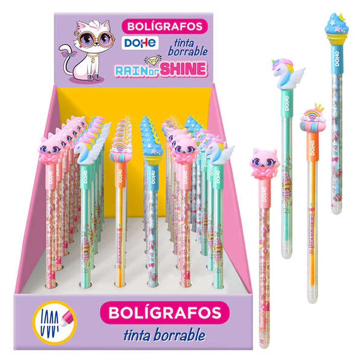 Dohe Rain or Shine Expositor de 36 Boligrafos Borrables - Punta de Bola de 1,0mm y Trazo de 0,5mm - Cuerpo de Plastico en Colores Vivos - Tapa Decorad 1