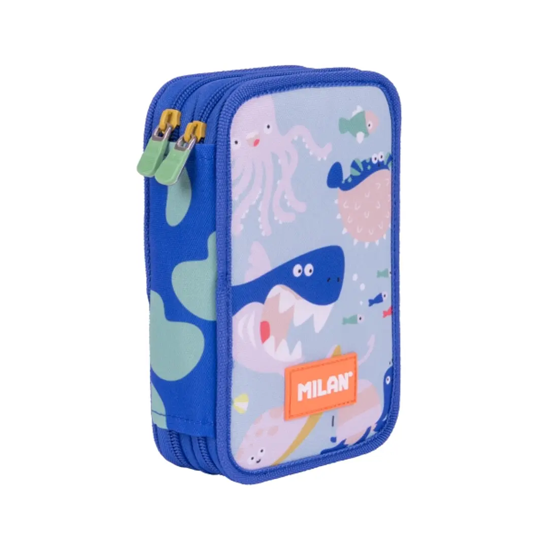 Milan Blue Odyssey Plumier de 2 Pisos con Regla - Sacapuntas - Gomas de Borrar - Lapices de Grafito y de Colores - Rotuladores - Boligrafo Azul - 19.5 1