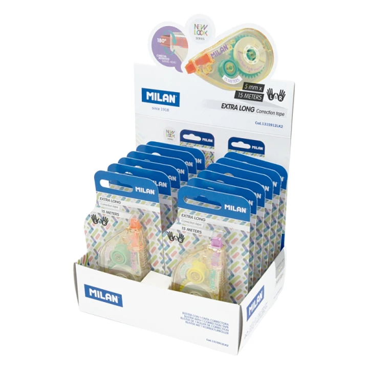 Milan New Look Expositor con 12 Blisters de Cinta Correctora - Presentacion en Blister - 5mm x 15m - Colores Surtidos 1
