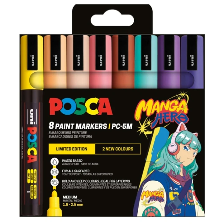 Posca Manga Hero Edicion Limitada PC-5M Pack con 8 Marcadores de Pintura - Punta de Bala 1.8-2.5mm - Tinta Base al Agua - Resistente a la Luz - No Per 1