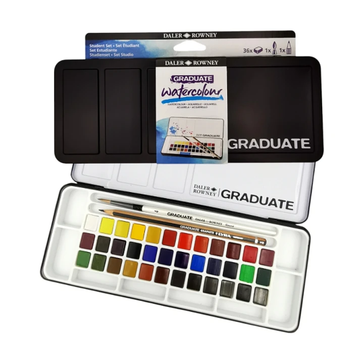 Daler Rowney Graduate Pack de 36 Acuarelas - Medio Godets - Incluye Pincel y Lapiz - Colores Surtidos 1