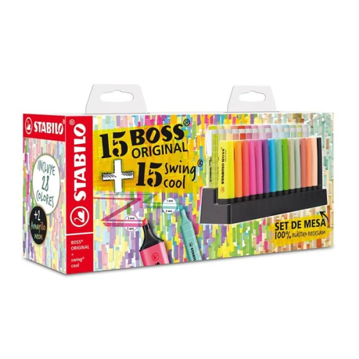 Stabilo Pack de Set de Mesa con 15 Marcadores Stabilo Boss y 15 Marcadores Swing Cool - Tinta con Base de Agua - Colores Surtidos 1
