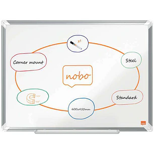 Nobo Premium Plus Pizarra Magnetica de Acero Lacado 600x450mm - Montaje en Esquinas - Superficie de Borrado Facil - Color Blanco