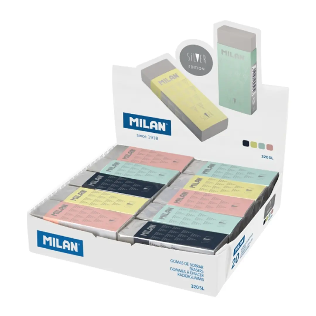 Milan Nata 320 Silver Expositor con 20 Gomas de Borrar - Color Plata 1