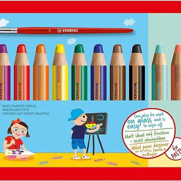 Stabilo Woody 3 en 1 Pack de 18 Lapices de Colores Incluidos Pastel + Sacapuntas + Pincel Nº 8 - Lapiz de Color, Cera y Acuarela, Todo en Uno - Mina X 1