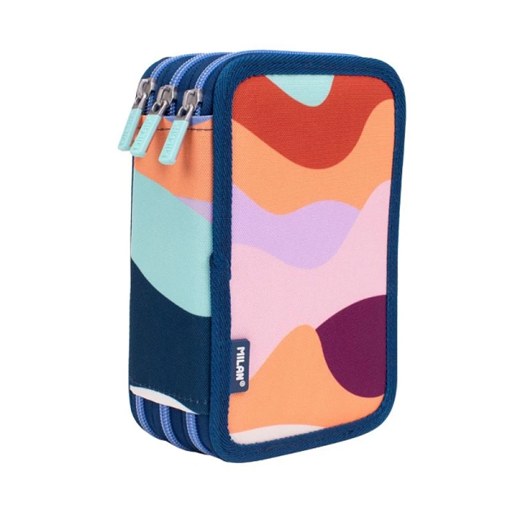 Milan The Fun Plumier de 3 Pisos con Goma de Borrar, Sacapuntas, Lapiz, 3 Boligrafos Capsule, Regla, 12 Lapices de Colores, 6 Lapices de Colores Metal 1