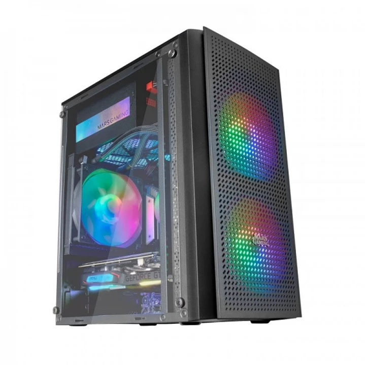Mars Gaming MC300 Caja Gaming Compacta - Ventana Cristal Templado - Triple Ventilacion FRGB - Rejilla Frontal TOTAL-MESH - Soporte MicroATX/Mini-ITX - 1