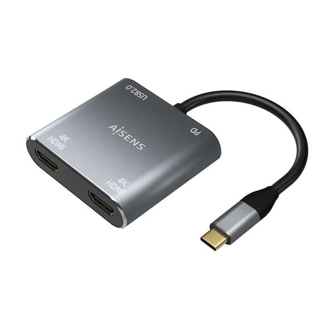 Aisens Conversor USB-C a 2xHDMI 4K SST MST/USB2.0/USB-C PD 60W - USB-C/M-2xHDMI/H-USB-A/H-USB-C/H - 15CM - Color Gris 1