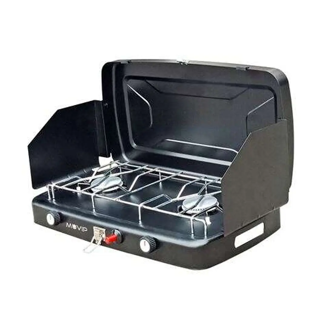 Muvip Cocina de Gas 2 Fuegos + Protectores Contra Viento - Protectores contra el Viento - Base Antideslizante - Color Negro 1