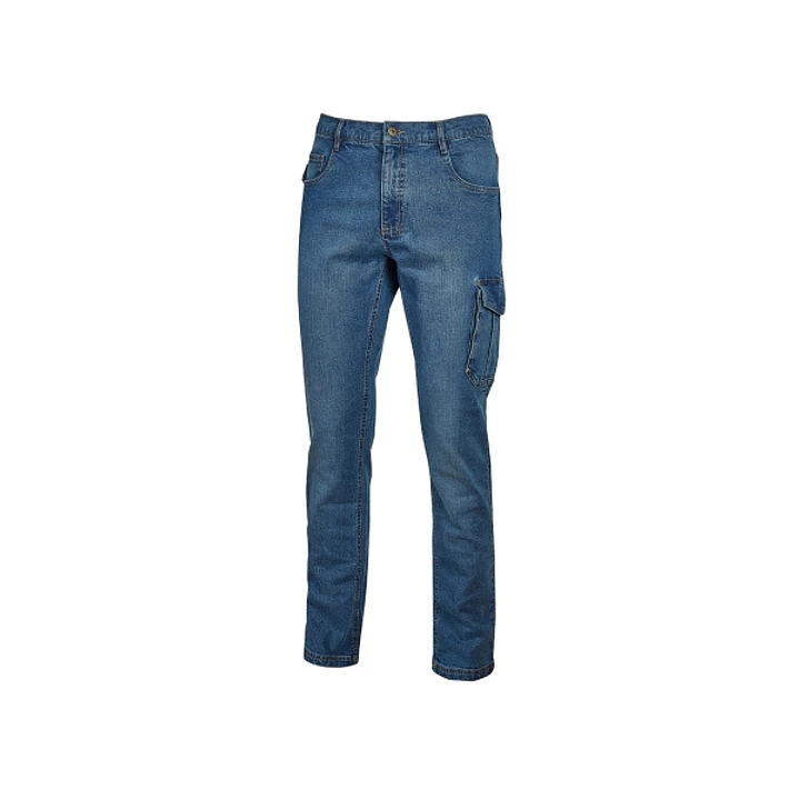 Upower Jam Pantalon Vaquero Elastico - Talla L - Ajuste Slim Fit, 5 Bolsillos, Bolsillo Lateral Grande, Proteccion DPI1 - Color Azul Indigo 1