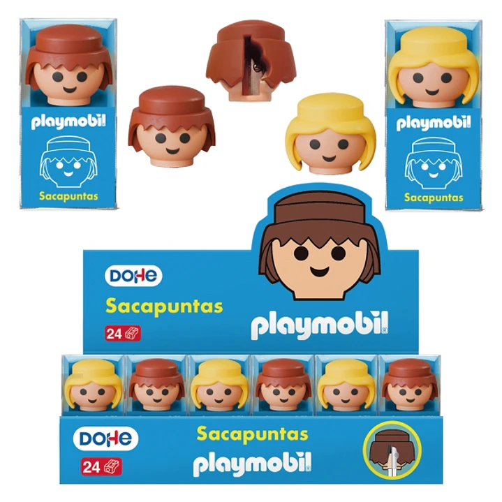 Dohe Playmobil Expositor de 24 Sacapuntas - 1 Orificio y Cuchilla de Acero - Con Forma de los Muñecos Playmobil 1