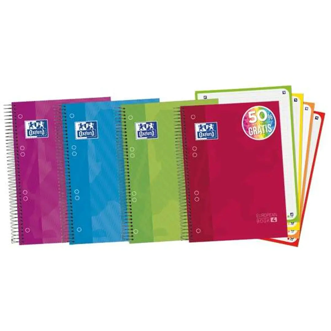 Oxford Europeanbook 4 Cuaderno Espiral Formato A5+ Cuadriculado 5x5mm - 120 Hojas 90gr - Tapa Extradura acabado Brillante - 4 Bandas de Color - Colore 1