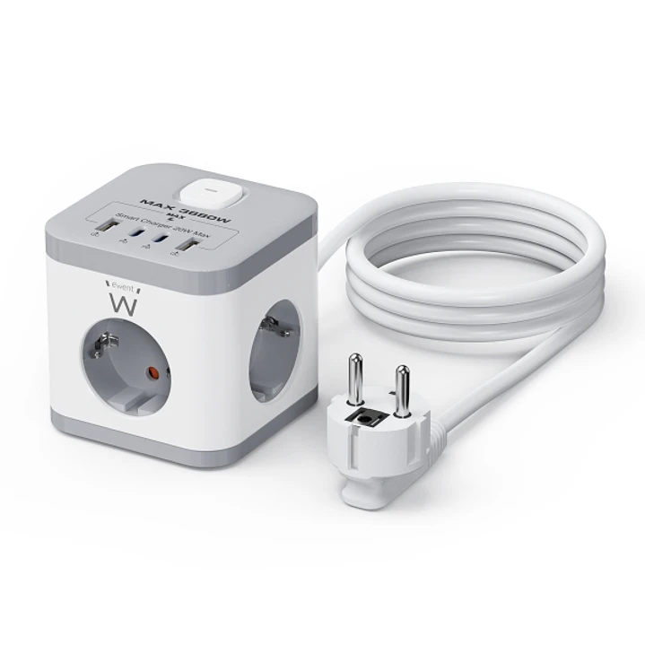 Ewent Regleta con 6 Tomas de Sobremesa - 3x Schuko 16A - 2x USB-A - 2x USB-C - Proteccion Infantil - Interruptor On/Off - Forma de Cubo - Cable de 1.5 1