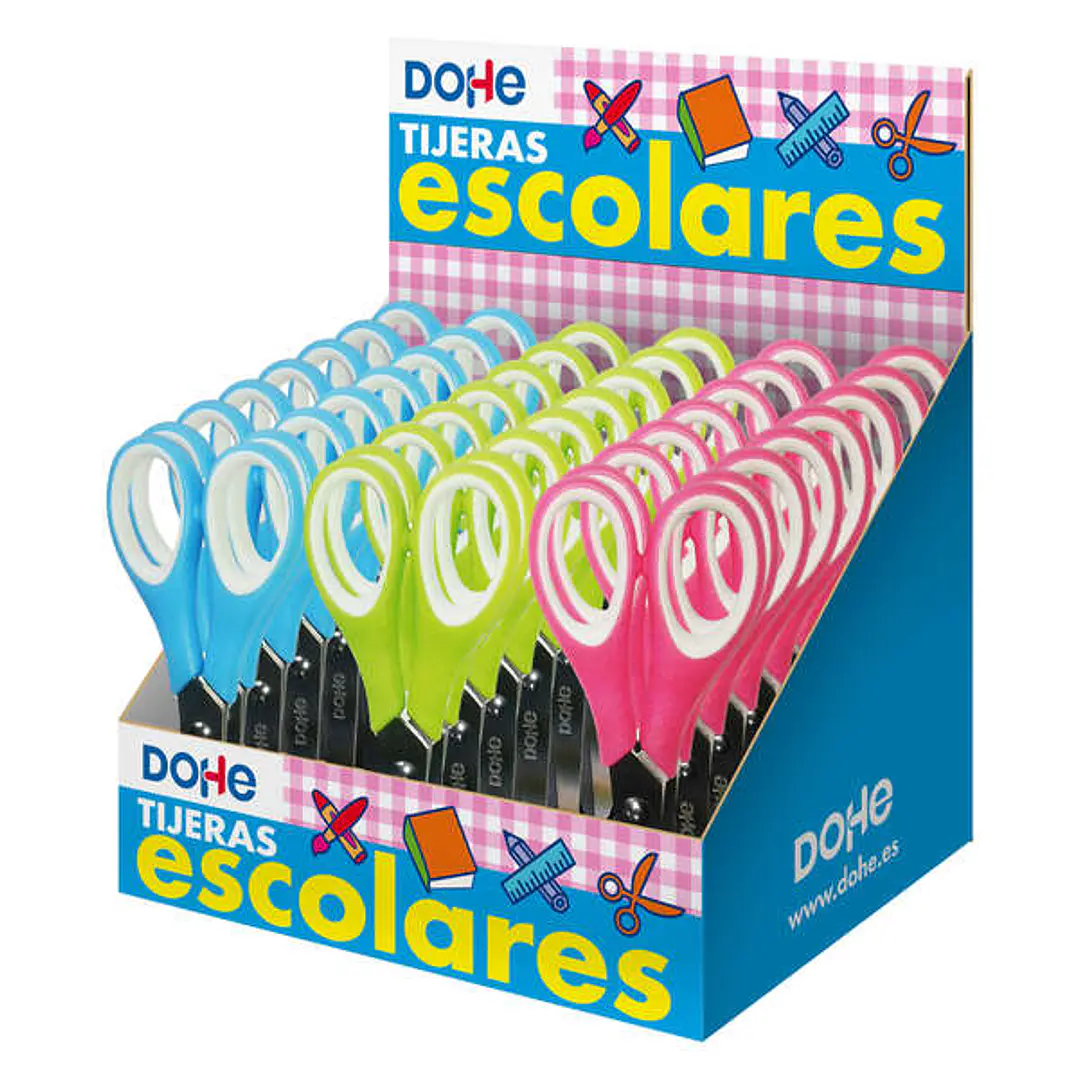 Dohe Expositor de 24 Tijeras Escolares de 125mm - Hojas de Acero Inoxidable - Puntas Redondeadas - Mango Ergonomico de Plastico y Caucho - Colores Sur 1