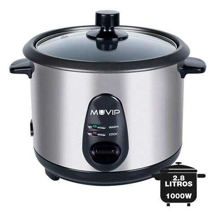 Muvip Arrocera - Capacidad 2.8 Litros - Potencia 1000W - Cuerpo de Acero Inoxidable - Recipiente Antiadherente - Tapa de Cristal - Accesorios Incluido 1