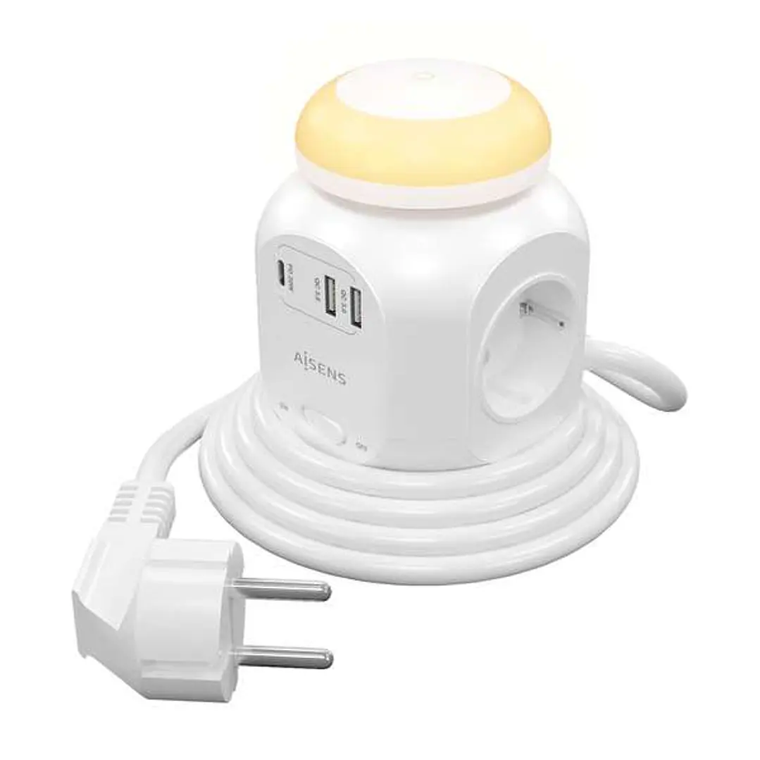 Aisens Regleta de Enchufes Sobremesa Multifuncion con 4 Tomas + 1xUSB-C 20W PD3.0 - 2xUSB-A 18W QC3.0 - Luz Nocturna - 1.8m - Color Blanco 1
