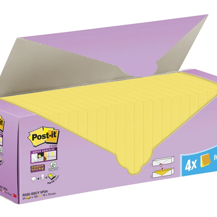 Post-It Super Sticky Pack de 24 Blocs con 90 Z-Notas Adhesivas Reposicionables - 76x76mm - Promocion 20 Blocs + 4 Gratis - Color Amarillo Claro 1