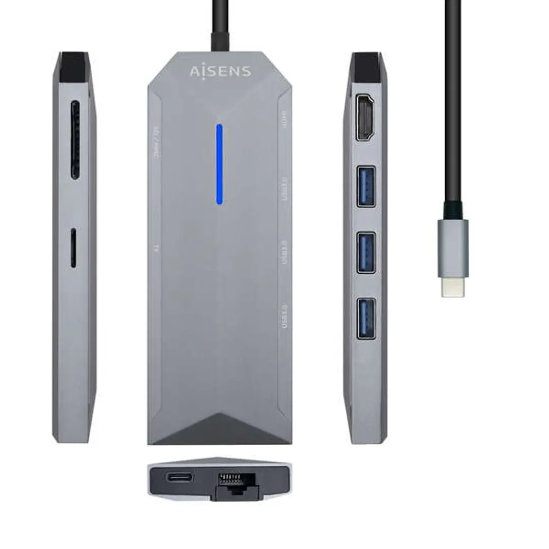 Aisens USB-C Dock 8 en 1 - USB-C a 1xHDMI - 1xRJ45 - 3xUSB - 1xPD - 1xSD - 1xMICRO SD - 15cm - Color Gris 1