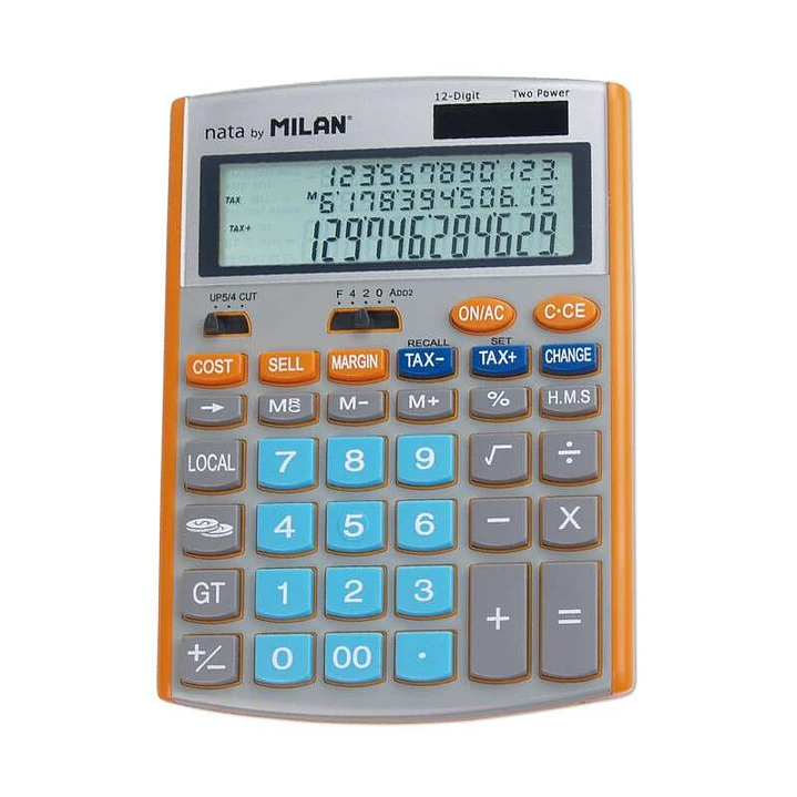Milan Calculadora de 12 Digitos - Pantalla de 3 Lineas - 3 Teclas de Memoria - Calculo de Margenes - Funcion Impuestos, Tiempo y Conversor de Moneda - 1