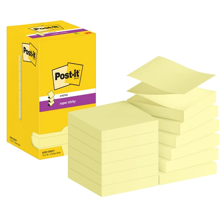 Post-It Super Sticky Pack de 12 Blocs de 90 Notas Adhesivas Reposicionables Zig-Zag 76x76mm - Forma Cuadrada - Color Amarillo Claro 1