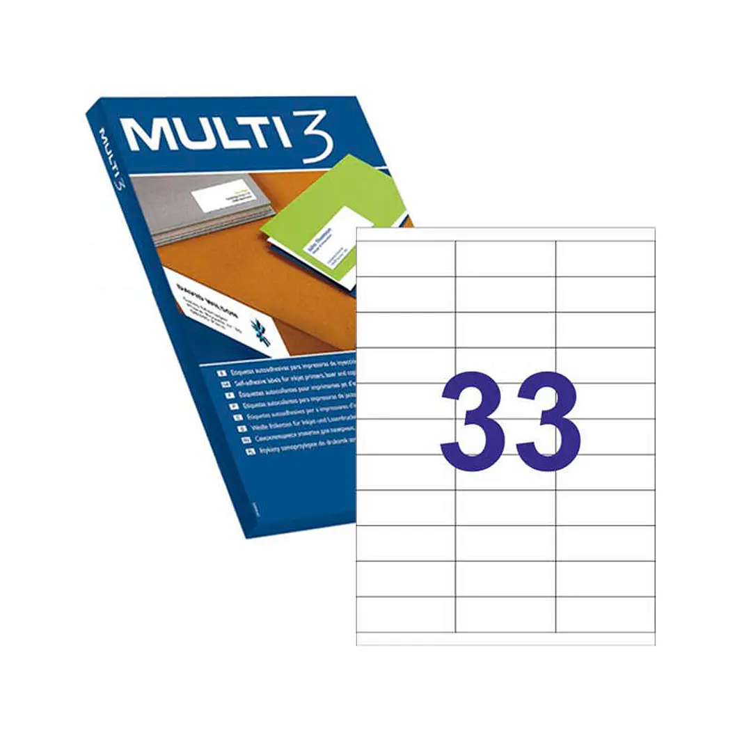 Multi3 Pack de 16.500 Etiquetas Rectangulares 70x25.4mm - 500 Hojas por 33 Etiquetas - Adhesivo Permanente - Cantos Rectos - Color Blanco 1