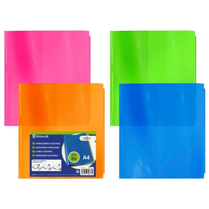 Bismark Pack de 8 Forros para Libros 305mm Polipropileno de Colores Neon - Solapa Ajustable - Facil Forrado en 3 Pasos - Sin Necesidad de Cortar ni Us 1
