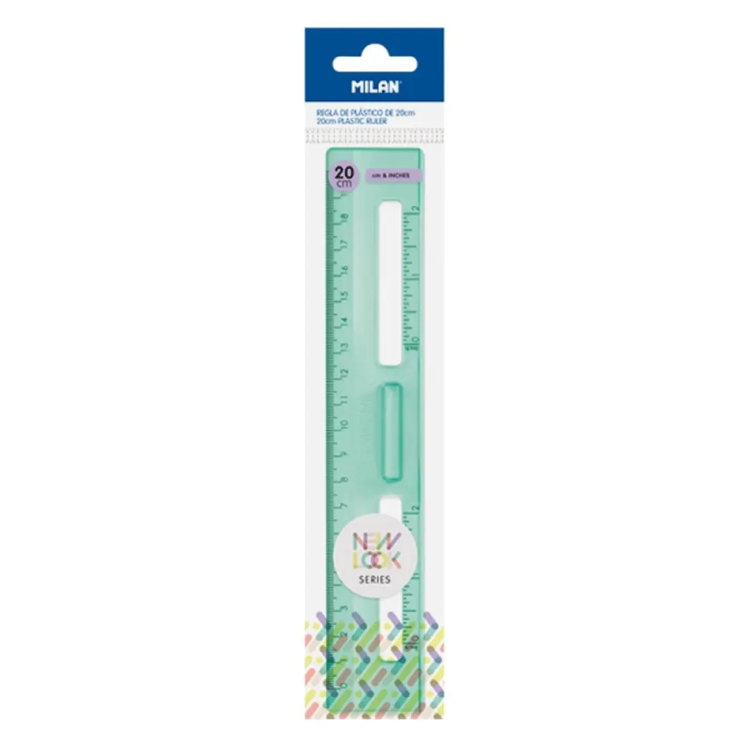Milan New Look Regla de 20cm - Plastico Rigido - Transparente - Centimetros y Pulgadas - Color Verde 1