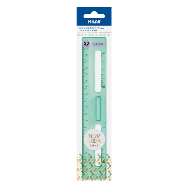 Milan New Look Regla de 20cm - Plastico Rigido - Transparente - Centimetros y Pulgadas - Color Verde 1