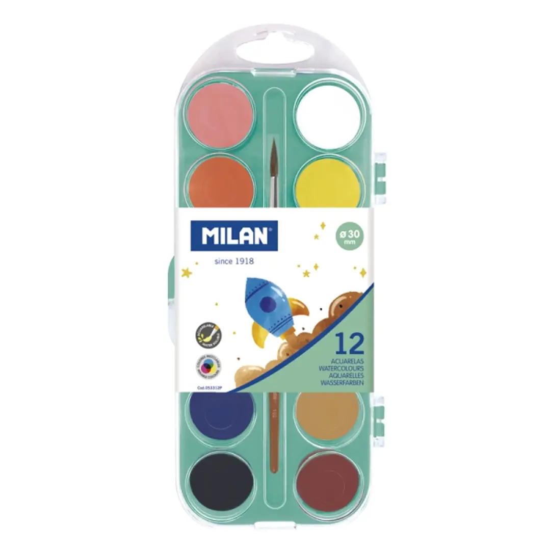 Milan Paleta de 12 Acuarelas Opacas de 30mm - Practico Estuche - Incluye Pincel - Colores Surtidos 1
