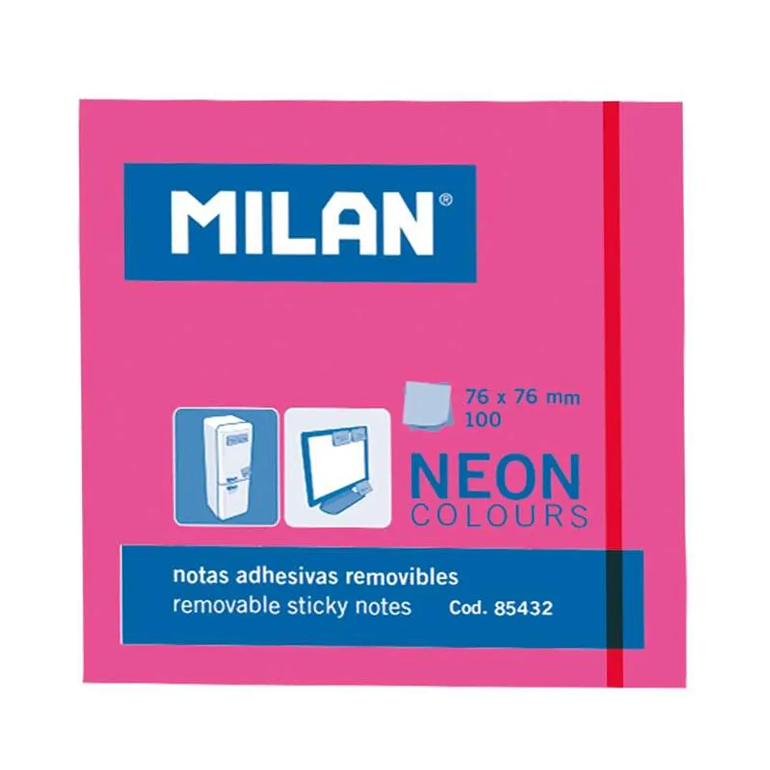 Milan Bloc de 100 Notas Adhesivas - Removibles - 76mm x 76mm - Color Rosa Neon 1