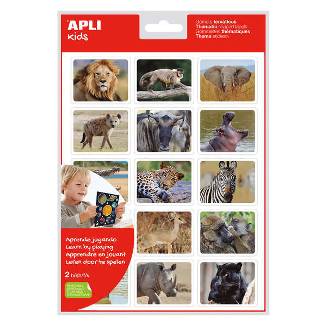 Apli Gomets Realistas Animales en su Habitat - 30 Gomets Tematicos Rectangulares por Bolsa - Imagenes Realistas de Animales Salvajes - Adhesivo Removi 1