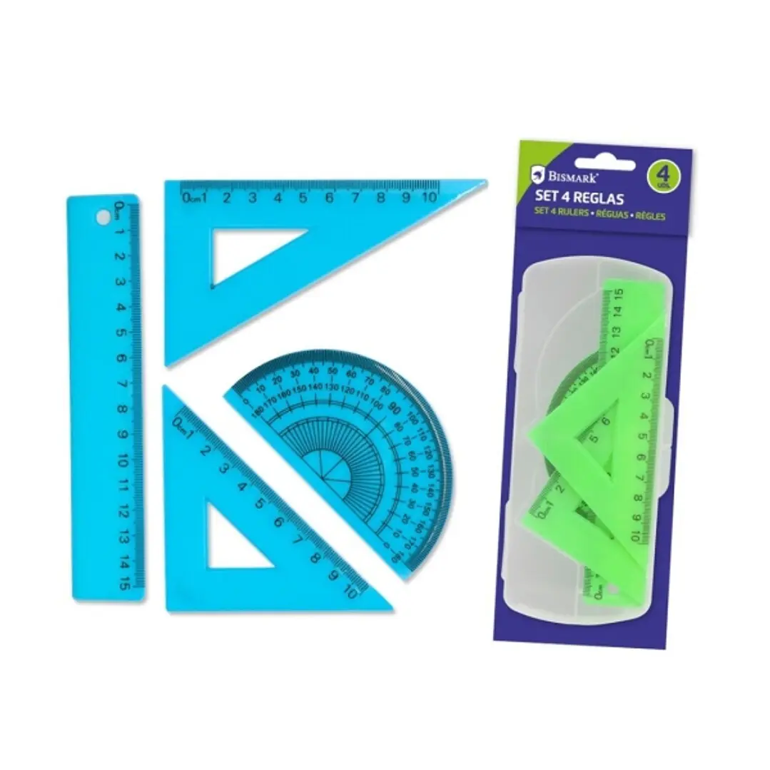 Bismark Pack de 4 Reglas para Dibujo - Incluye Regla 15cm, Escuadra 10cm, Cartabon 10cm y Transportador de Angulos - Caja Portadora PVC - Ideal para e 1