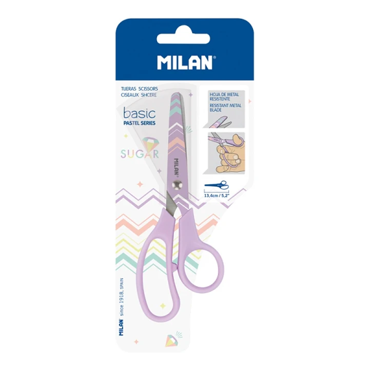 Milan Pastel Tijeras de 13.4cm - Mango Ergonomico - Punta Redondeada - Hoja de Acero Inoxidable - Color Lila Pastel 1