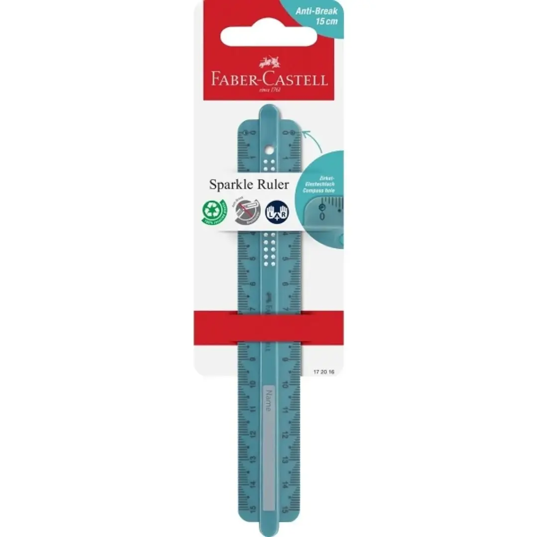 Faber-Castell Sparkle Regla Recta 15cm - Panel para Nombre - Escalas para Zurdos y Diestros - Color Verde Oceano 1