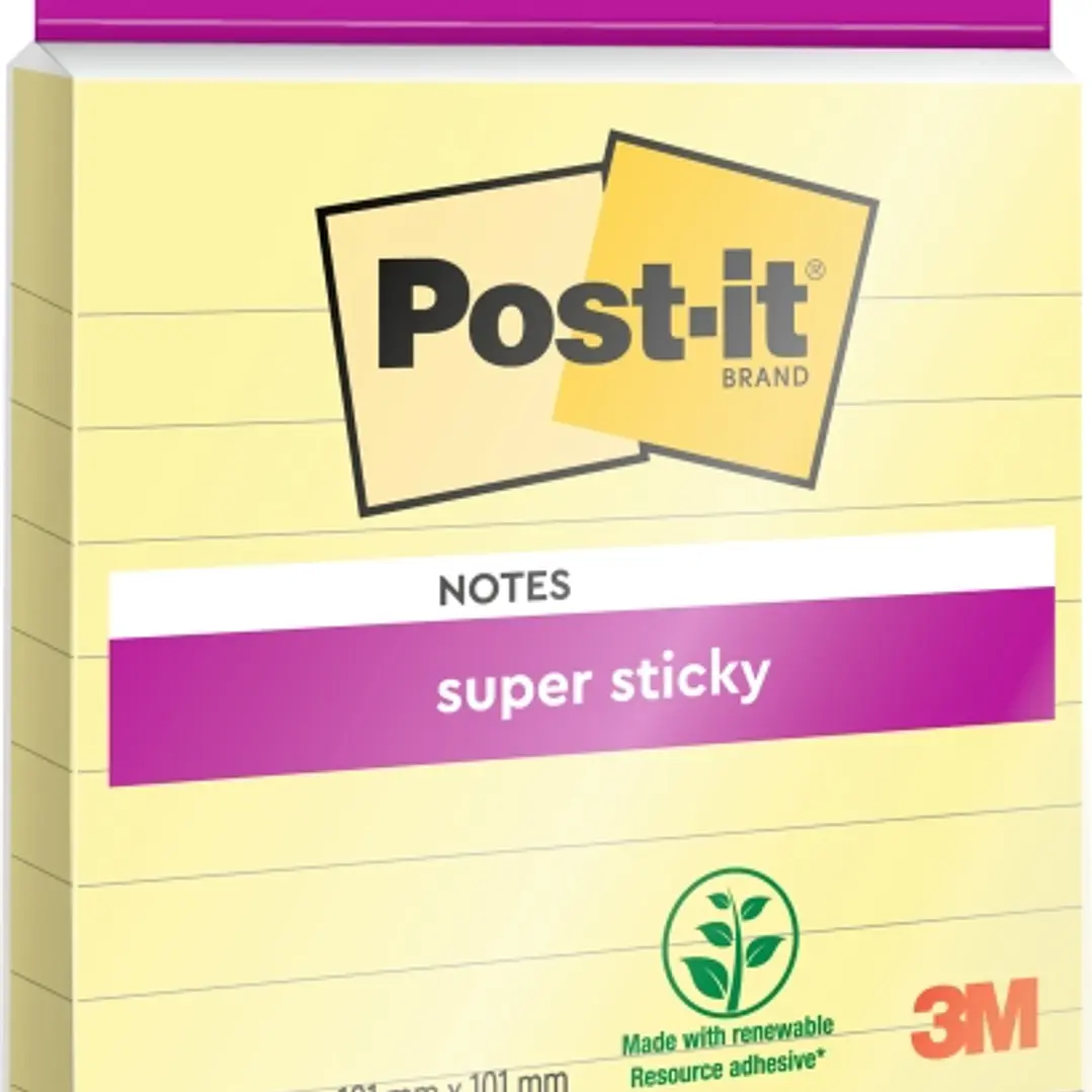 Post-It Super Sticky Bloc de 45 Notas Adhesivas Reposicionables con Renglones - Forma Cuadrada - 101x101mm - Color Amarillo Claro 1