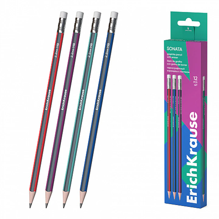 Erichkrause Sonata Lapiz de Grafito HB Triangular con Goma de Borrar - Facil Afilado - No Araña el Papel - Madera Seleccionada - Resistente al Impacto 1