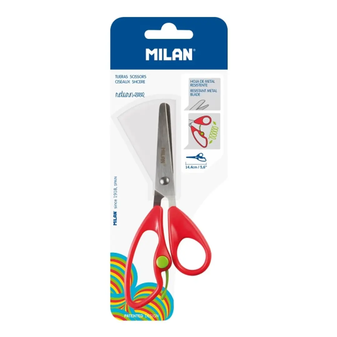 Milan Return Blister de Tijeras Return Rojas - Mango Ergonomico - Punta Redondeada - Acero Inoxidable de 14.4cm - Color Rojo 1